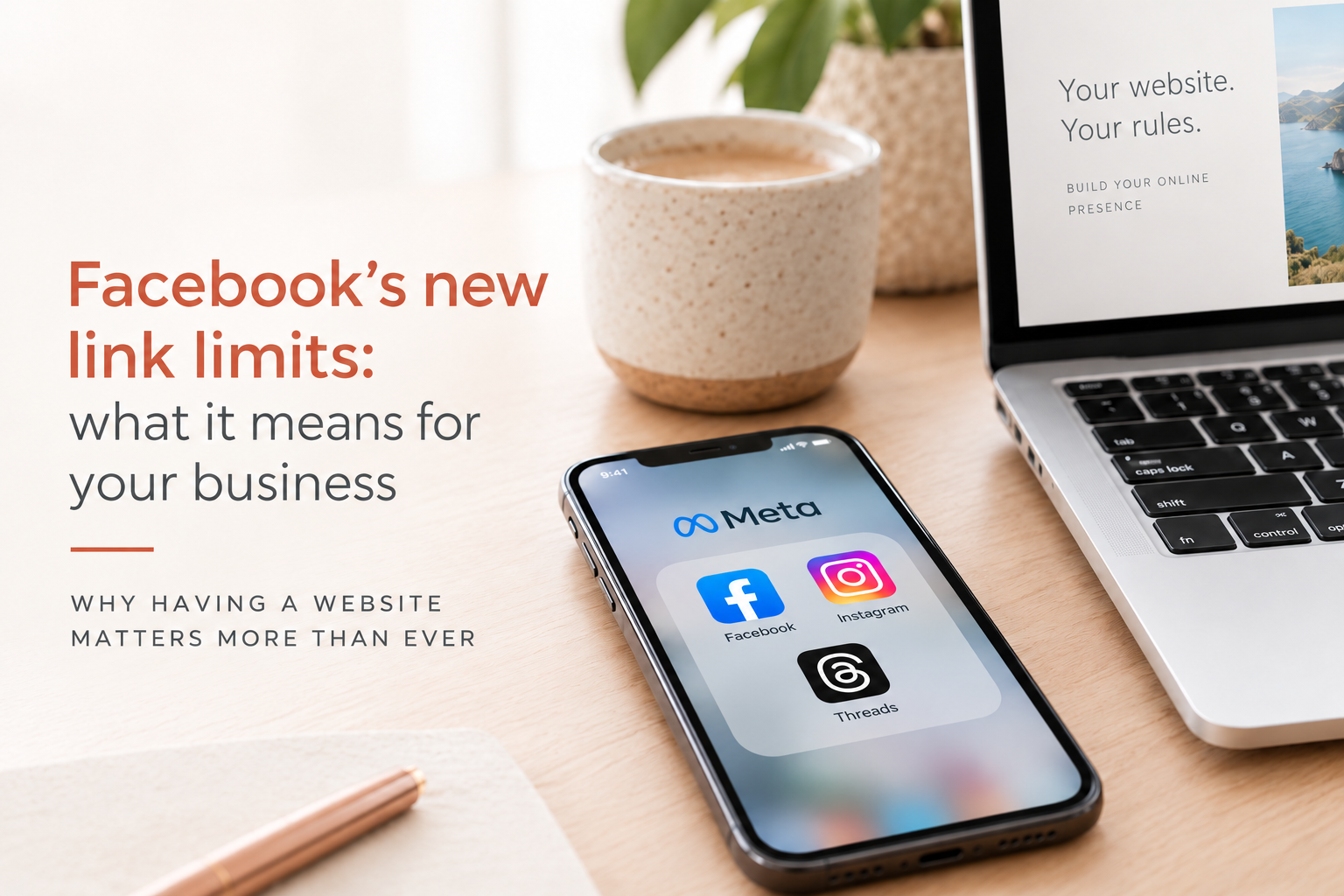 A phone showing Meta's Facebook, Instagram and Threads apps beside a laptop, illustrating Facebook's new link limits